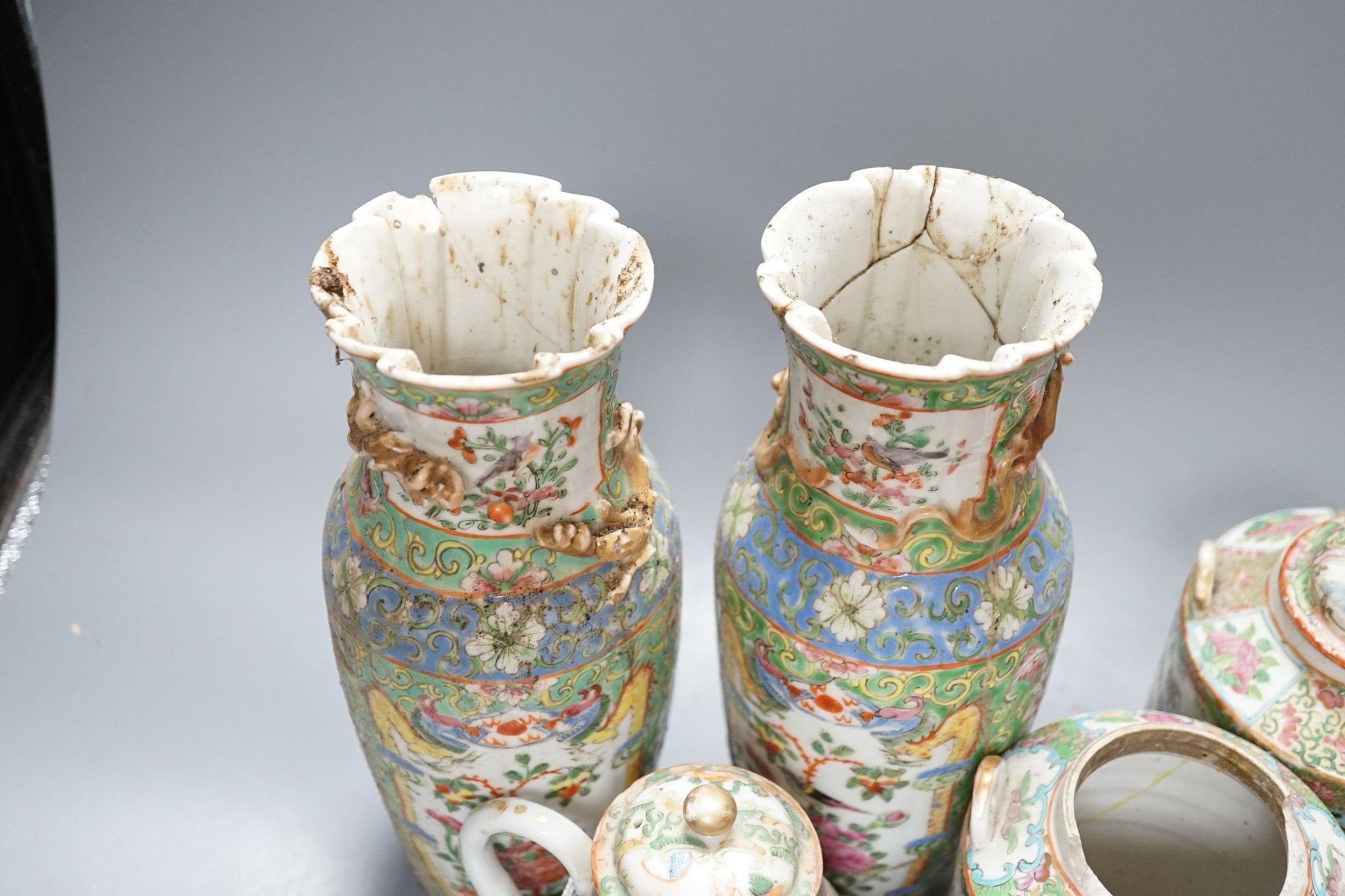 A group of Canton famille teawares and vases, largest 25cm